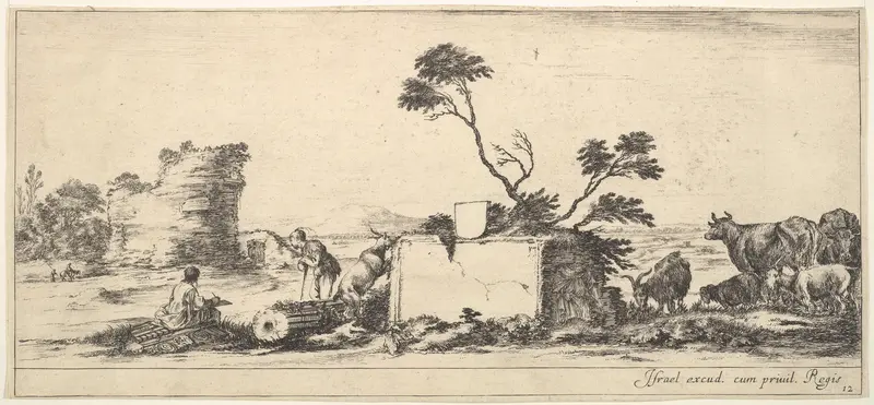 Plate 12: a seated draughtsman to left, a standing shepherd next to him to right, ruins and animals to the right, a tower in ruins to left in the background, from "Various Landscapes" (Divers Paysages) Wall Art by Stefano della Bella - High-Resolution Digital Print