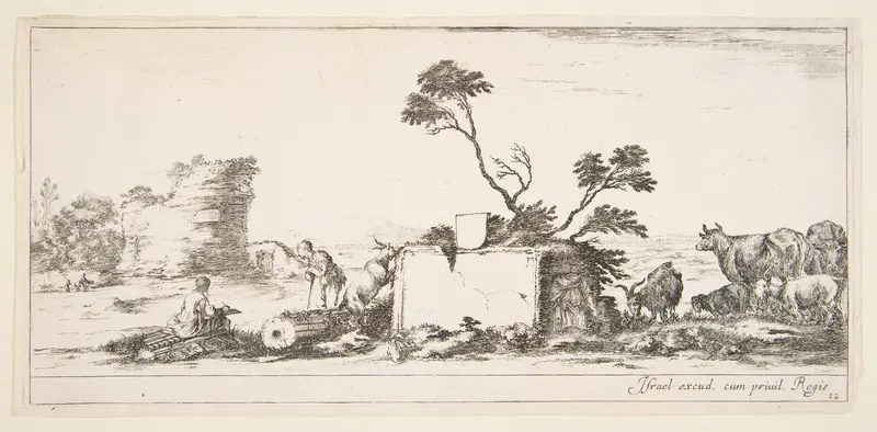 Plate 12: a seated draughtsman to left, a standing shepherd next to him to right, ruins and animals to the right, a tower in ruins to left in the background, from 'Various landscapes' (Divers paysages) Wall Art by Stefano della Bella - High-Resolution Digital Print