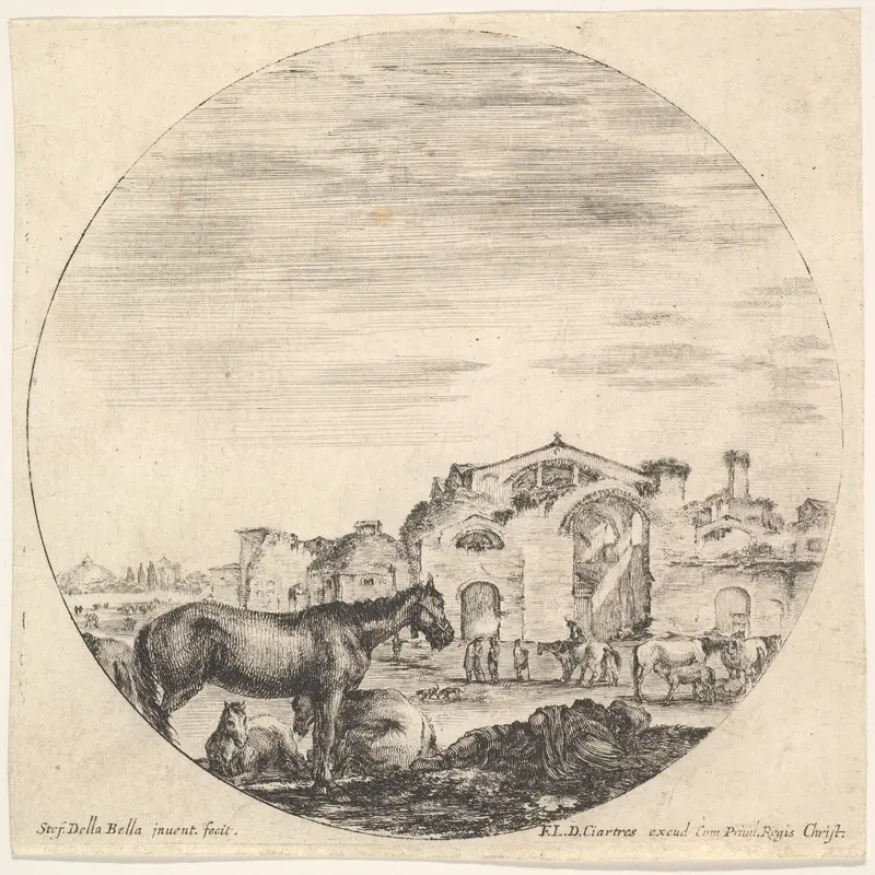 Plate 12: a shepherd sleeping on the ground, the Baths of Diocletian in the background, from "Roman landscapes and ruins" (Paysages et ruines de Rome) Wall Art by Stefano della Bella - High-Resolution Digital Print