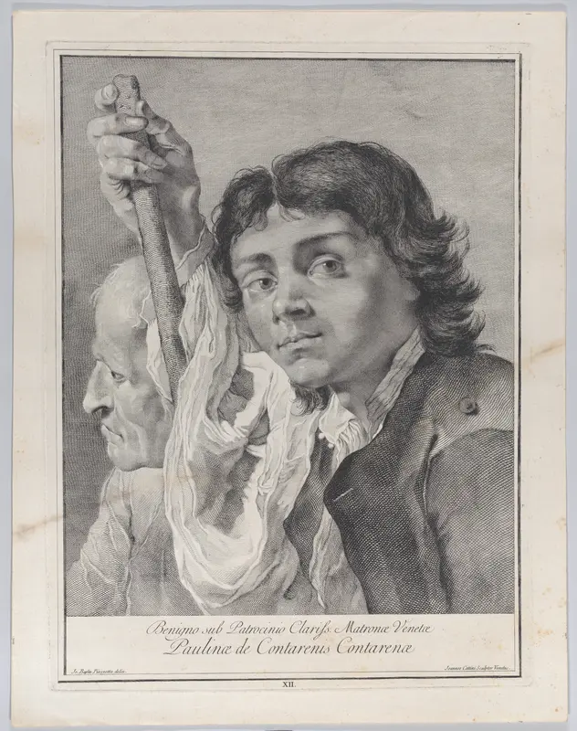 Plate 12: A young man leaning on a staff looking outward, with an old man behind to his right, from "Icones ad vivum expressae" Wall Art by Giovanni Cattini - High-Resolution Digital Print