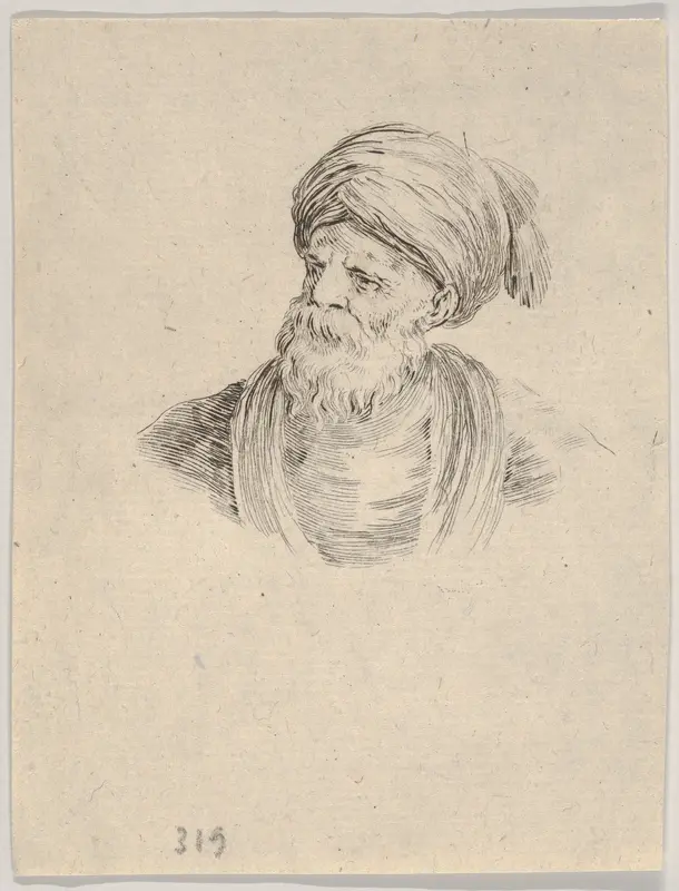 Plate 12: Bust of an old Turkish man in a turban, looking towards the left, from "Various heads and figures" (Diverses têtes et figures) Wall Art by Stefano della Bella - High-Resolution Digital Print