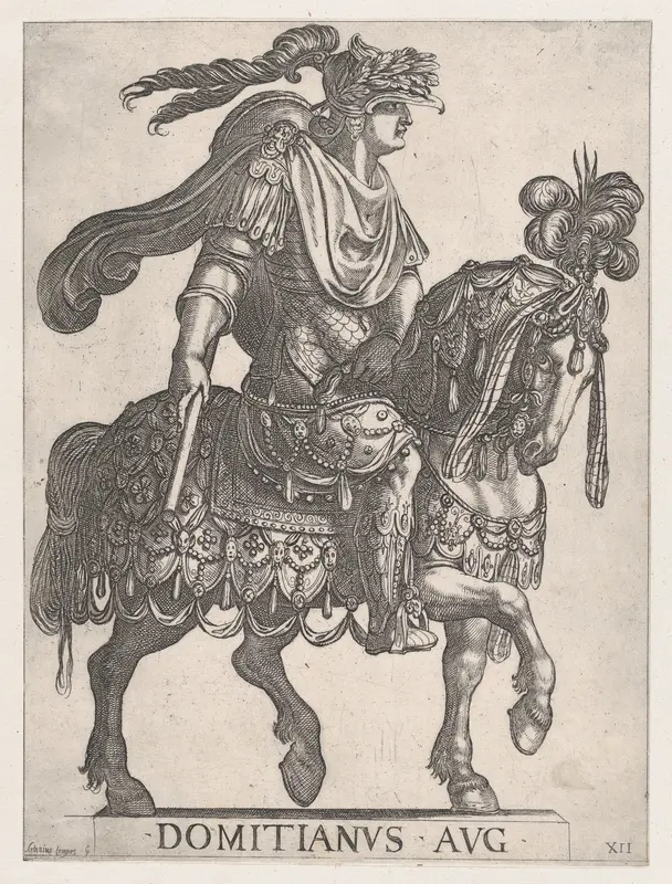 Plate 12: Emperor Domitian on horseback facing right, from "The First Twelve Emperors of Ancient Rome" Wall Art by Antonio Tempesta - High-Resolution Digital Print
