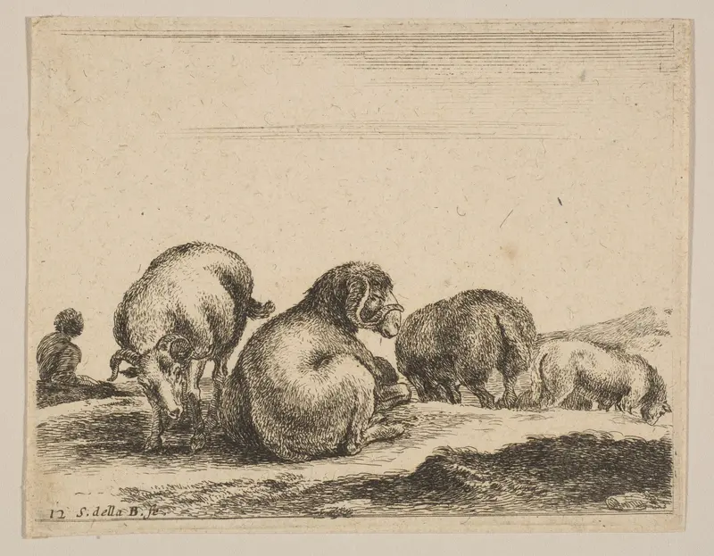 Plate 12: Sheep and ram in a pasture, from "Various animals" (Diversi animali) Wall Art by Stefano della Bella - High-Resolution Digital Print