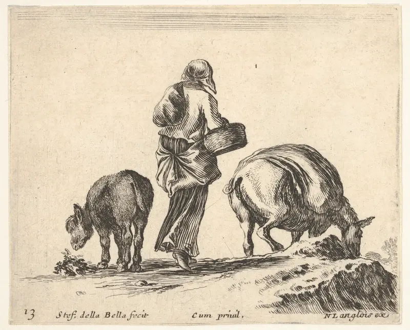 Plate 13: a peasant woman, seen from the back, holding a basket in center, a donkey to left and a horse with a pack on its back to right, from "Diversi Capricci" Wall Art by Stefano della Bella - High-Resolution Digital Print