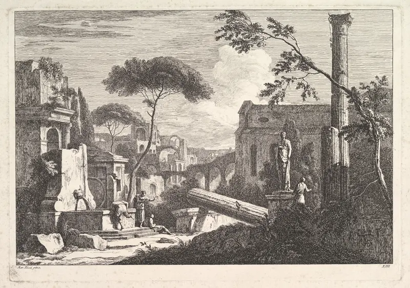 Plate 13: a townscape with a fountain, fallen column and statue at right and a Gothic church beside an aqueduct in the background Wall Art by Davide Antonio Fossati - High-Resolution Digital Print