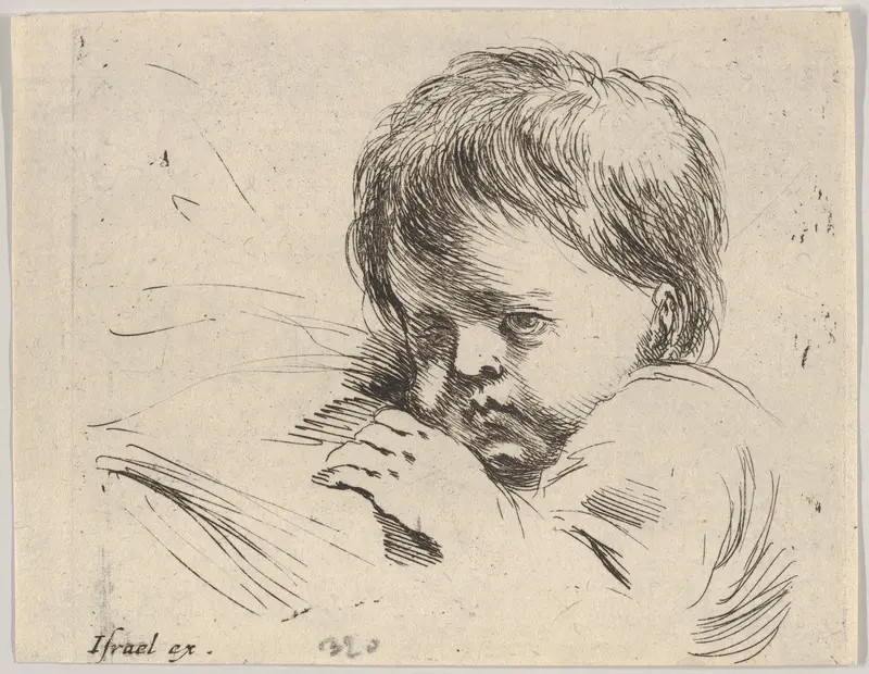 Plate 13: Bust of a child with his left hand near to his chin, turned towards the left, from "Various heads and figures" (Diverses têtes et figures) Wall Art by Stefano della Bella - High-Resolution Digital Print