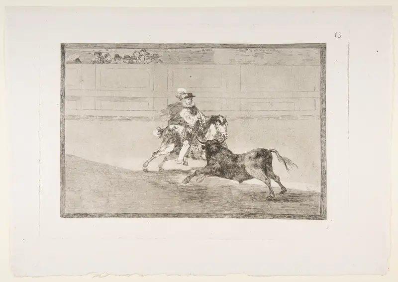 Plate 13 of "La Tauromaquia": A Spanish mounted knight in the ring breaking short spears without the help of assistants Wall Art by Goya (Francisco de Goya y Lucientes) - High-Resolution Digital Print