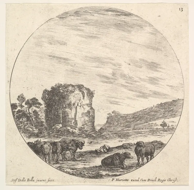Plate 13: ruins of an ancient temple in the background, a herd of cows in the foreground, from "Roman landscapes and ruins" (Paysages et ruines de Rome) Wall Art by Stefano della Bella - High-Resolution Digital Print
