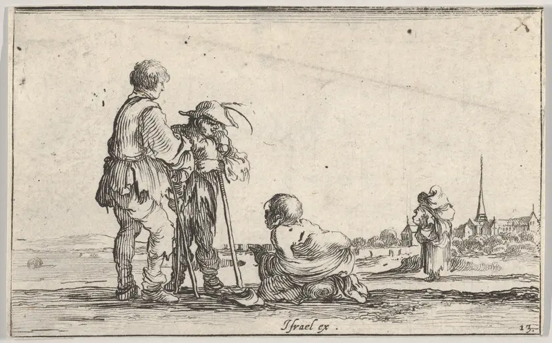 Plate 13: Two peasants standing to left, a cripple kneeling on the ground in center, a woman carrying a child seen from behind to right in middleground, a church to right in background, from "Caprice faict par de la Bella" Wall Art by Stefano della Bella - High-Resolution Digital Print