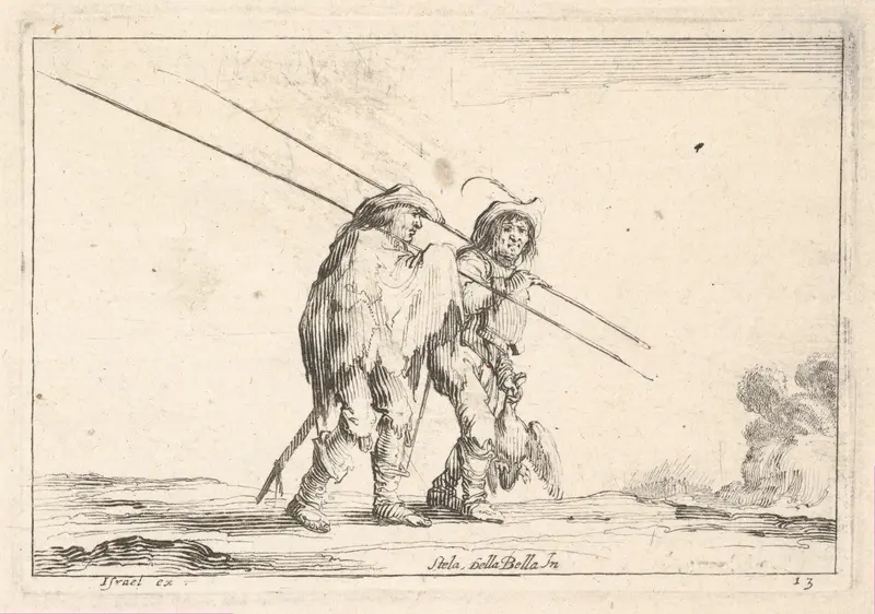 Plate 13: Two pikemen walking towards the right, each with their pikes in their right hands, from "Various Figures" (Agréable diversité de figures) Wall Art by Stefano della Bella - High-Resolution Digital Print