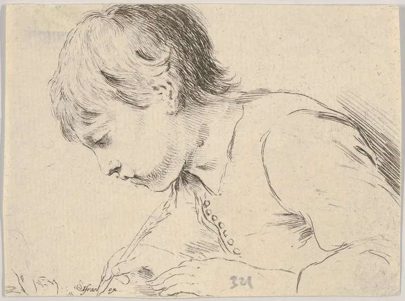 Plate 14: A child writing with a quill, facing left in profile, from "Various heads and figures" (Diverses têtes et figures) Wall Art by Stefano della Bella - High-Resolution Digital Print