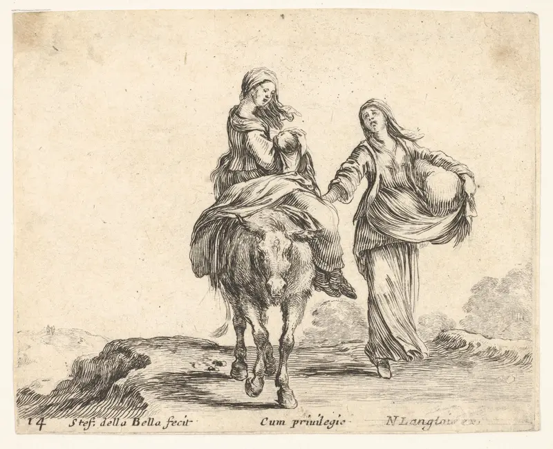 Plate 14: a young peasant woman and her child sitting side saddle atop a horse in center, another peasant woman to right, holding a large bag in her left arm, from "Diversi Capricci" Wall Art by Stefano della Bella - High-Resolution Digital Print