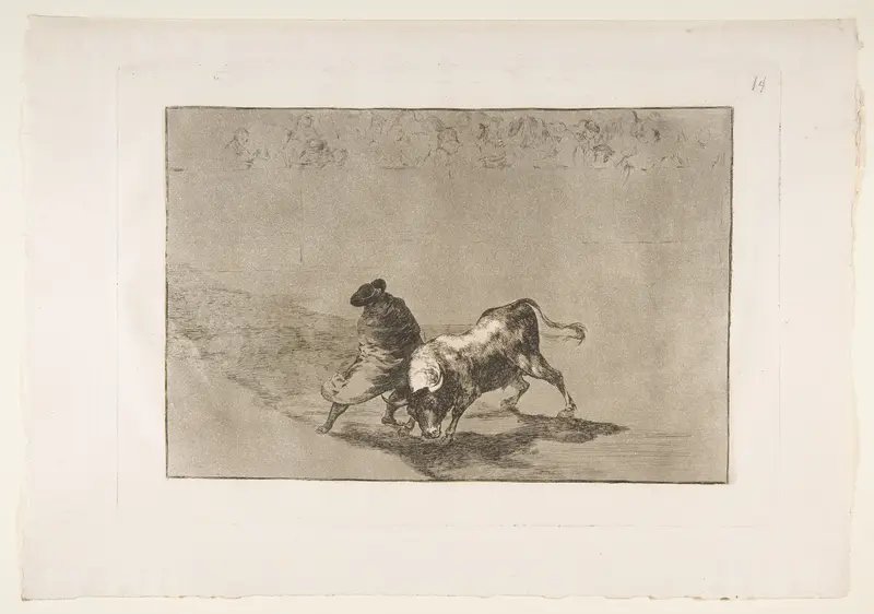 Plate 14 from "La Tauromaquia": The very skillful student of Falces, wrapped in his cape, tricks the bull with the play of his body Wall Art by Goya (Francisco de Goya y Lucientes) - High-Resolution Digital Print