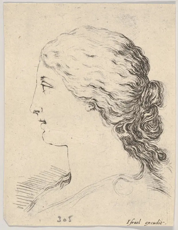 Plate 14: Head of a woman, in profile, from "The Book for Learning to Draw" (Livre pour apprendre à dessiner) Wall Art by Stefano della Bella - High-Resolution Digital Print