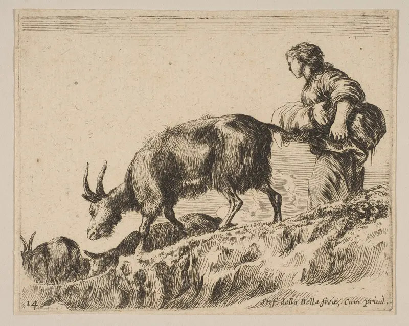 Plate 14: Shepherdess herding goats, from "Various animals" (Diversi animali) Wall Art by Stefano della Bella - High-Resolution Digital Print