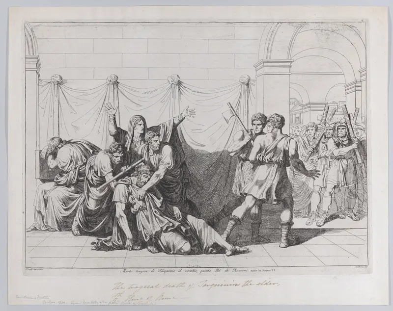 Plate 14: The Tragic Death of Tarquin the Elder; from volume I of Rollin's 'Istoria Romana' Wall Art by Bartolomeo Pinelli - High-Resolution Digital Print