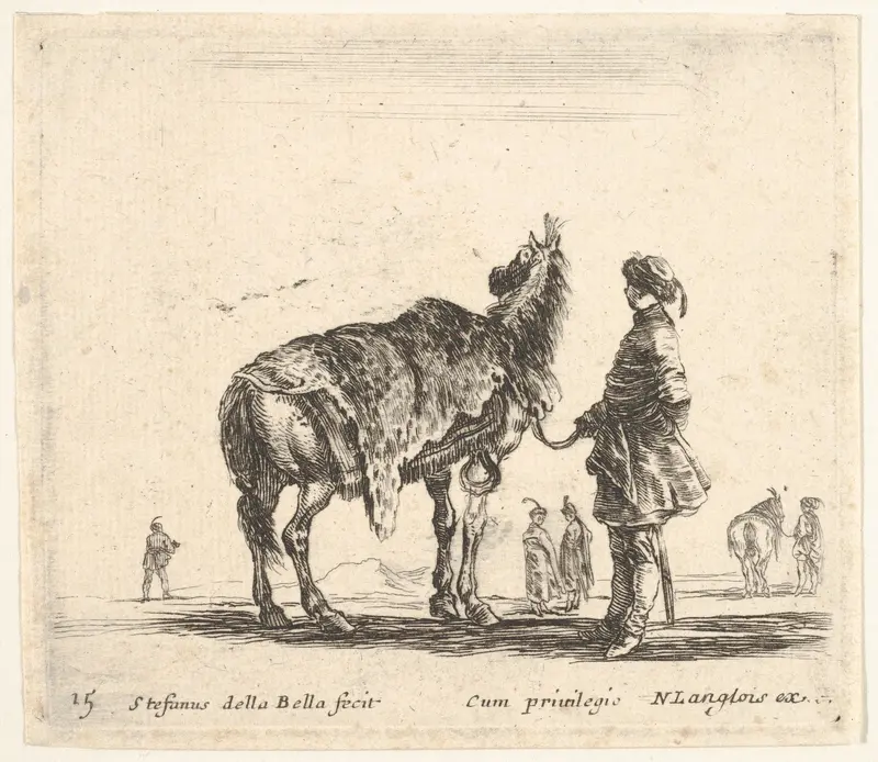Plate 15: a Polish nobleman, facing away, holding his horse covered in leopard skin, four men and a horse in background, from "Diversi Capricci" Wall Art by Stefano della Bella - High-Resolution Digital Print