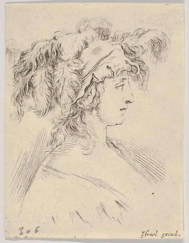 Plate 15: Mid-bust of a young woman in profile wearing a hat topped with feathers, from "The Book for Learning to Draw" (Livre pour apprendre à dessiner) Wall Art by Stefano della Bella - High-Resolution Digital Print