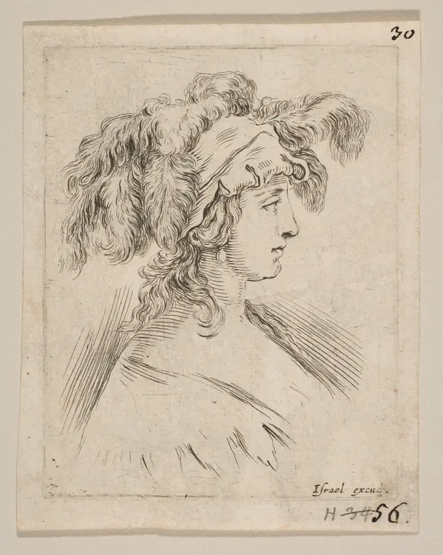 Plate 15: mid-bust of a young woman in profile wearing a hat topped with feathers, from 'The Book for Learning to Draw' (Livre pour apprendre à dessiner) Wall Art by Stefano della Bella - High-Resolution Digital Print