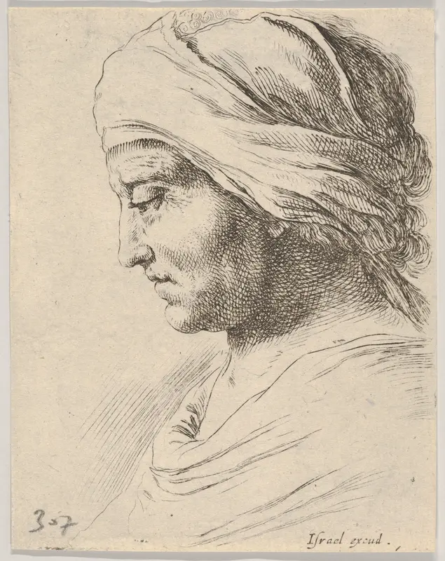 Plate 16: Head of an old man in profile with a cloth tied around his head, from "The Book for Learning to Draw" (Livre pour apprendre à dessiner) Wall Art by Stefano della Bella - High-Resolution Digital Print
