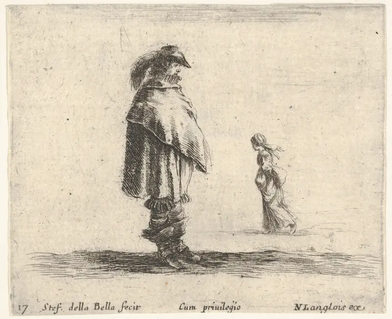 Plate 17: a man wearing a plumed hat in center facing right, a woman walking towards the left in the background, from "Diversi Capricci" Wall Art by Stefano della Bella - High-Resolution Digital Print