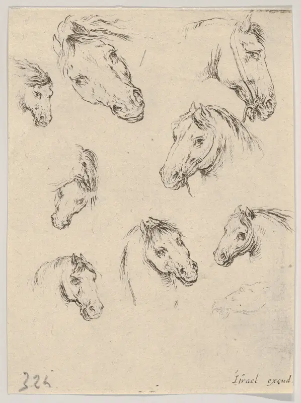 Plate 17: Nine studies of horse heads, from "Various heads and figures" (Diverses têtes et figures) Wall Art by Stefano della Bella - High-Resolution Digital Print