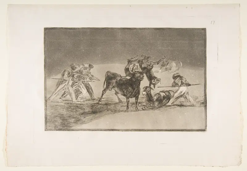 Plate 17 of "La Tauromaquia": The Moors use donkeys as a barrier to defend themselves against the bull whose horns have been tipped with balls Wall Art by Goya (Francisco de Goya y Lucientes) - High-Resolution Digital Print