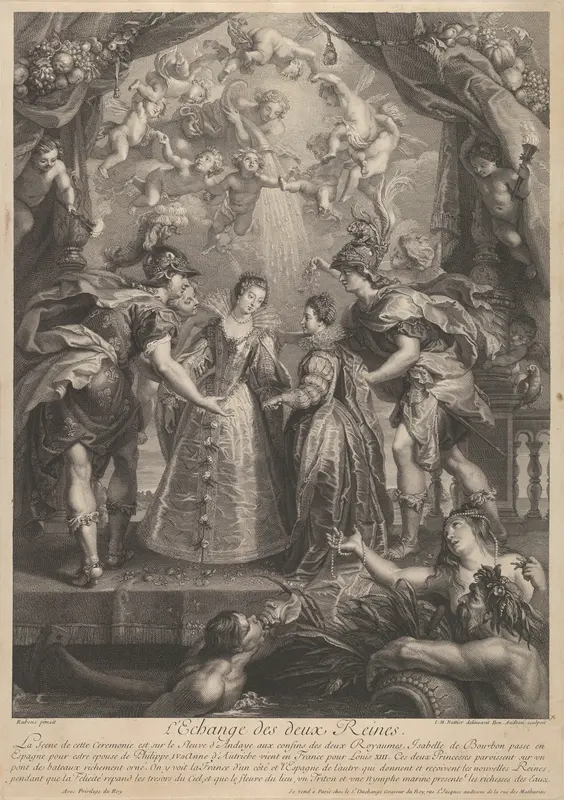 Plate 17: The exchange of the two princesses in Hendaye; allegorical scene with Anne of Austria and Elizabeth of Bourbon standing on a bridge holding hands, from "Recueil de la Galerie du Luxembourg" Wall Art by Benoit Audran the Elder - High-Resolution Digital Print