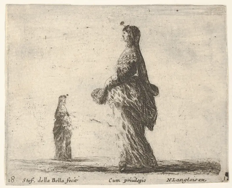 Plate 18: a noblewoman walking towards the left with a feathered fan, another woman in background to left, from "Diversi Capricci" Wall Art by Stefano della Bella - High-Resolution Digital Print