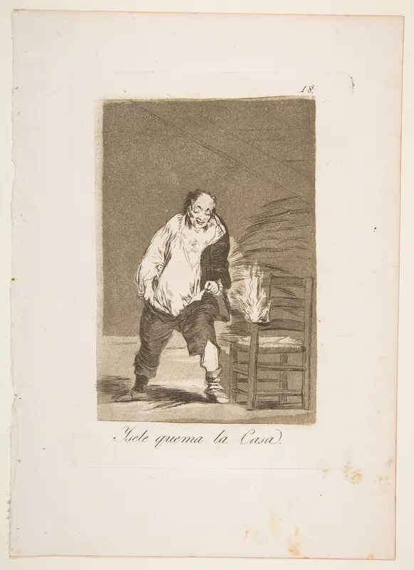 Plate 18 from "Los Caprichos": And his house is on fire (Ysele quema la Casa) Wall Art by Goya (Francisco de Goya y Lucientes) - High-Resolution Digital Print