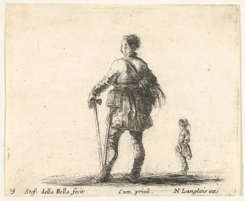 Plate 19: a Polish nobleman in court dress, standing in center, seen from behind, another nobleman to right in background, from "Diversi Capricci" Wall Art by Stefano della Bella - High-Resolution Digital Print