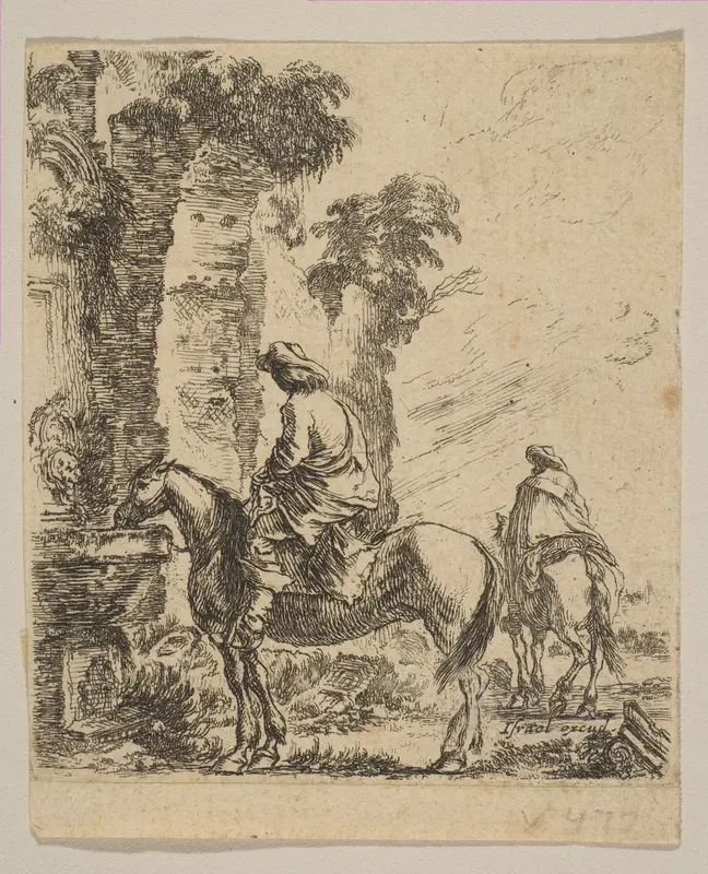 Plate 19: Landscape with a Cavalier Watering His Horse at a Fountain, from "Various figures and doodles" (Diverses figures et griffonnemens) Wall Art by Stefano della Bella - High-Resolution Digital Print