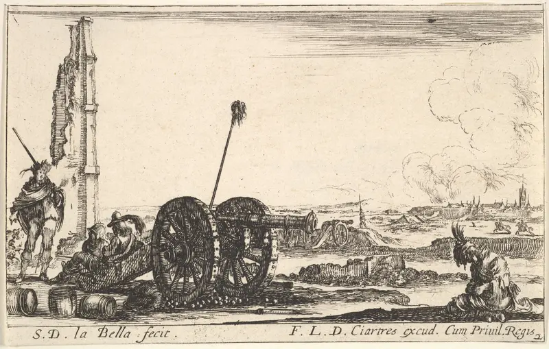 Plate 2: A cannon to the left, a town in the background, from "Various Military Caprices" (Varii capricci militari) Wall Art by Stefano della Bella - High-Resolution Digital Print