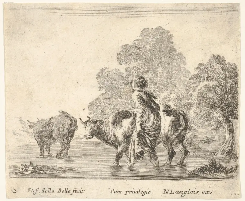 Plate 2: a peasant woman herds two cows across a stream, walking towards the left, from "Diversi Capricci" Wall Art by Stefano della Bella - High-Resolution Digital Print