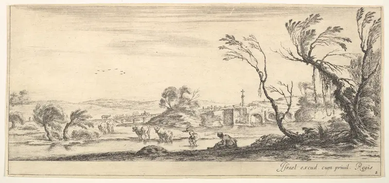 Plate 2: a peasant woman removing her shoes in center, another peasant woman and two cows in a stream to left, a bridge to right in the background, from "Various Landscapes" (Divers Paysages) Wall Art by Stefano della Bella - High-Resolution Digital Print