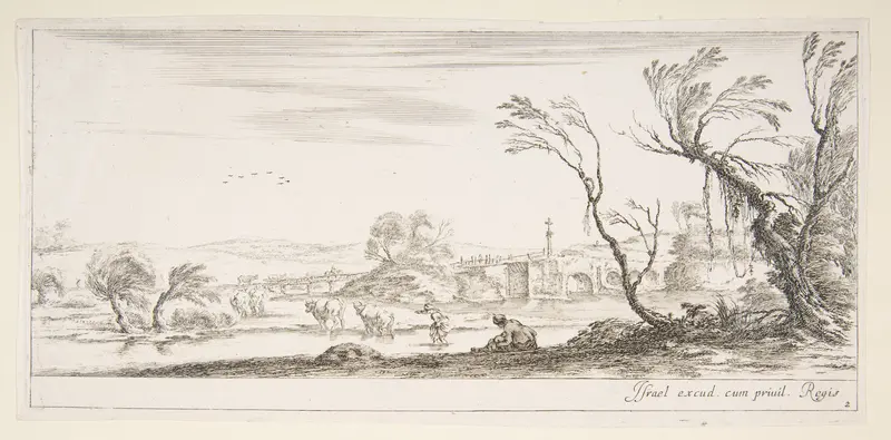 Plate 2: a peasant woman removing her shoes in center, another peasant woman and two cows in a stream to left, a bridge to right in the background, from 'Various landscapes' (Divers paysages) Wall Art by Stefano della Bella - High-Resolution Digital Print