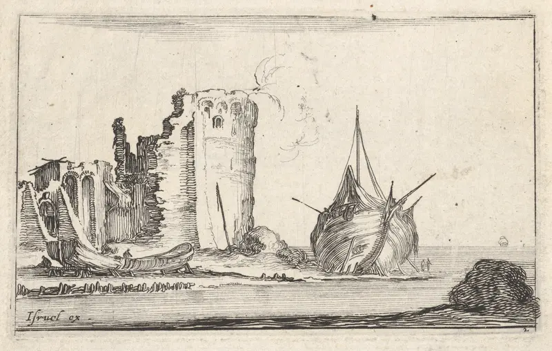 Plate 2: A ship at right and a rowboat at left, washed up on shore, a tower in ruins behind to left, from "Caprice faict par de la Bella" Wall Art by Stefano della Bella - High-Resolution Digital Print