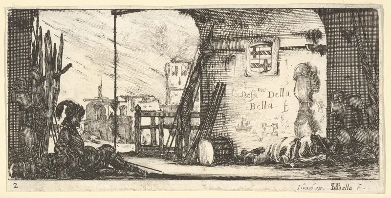 Plate 2: a soldier seated to left beneath an archway, another lying on the ground to right alongside military equipment, from "Troops, cannons, and attacks on towns" (Dessins de quelques conduites de troupes, canons, et ataques de villes) Wall Art by Stefano della Bella - High-Resolution Digital Print