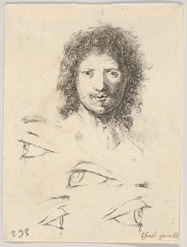 Plate 2: At top, the head of a young man, frontal view, at bottom, four eyes, from "The Book for Learning to Draw" (Livre pour apprendre à dessiner) Wall Art by Stefano della Bella - High-Resolution Digital Print