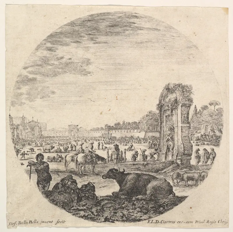 Plate 2: Campo Vaccino, a buffalo and two shepherds in center, the Fontanone, various animals and people in the background, from "Roman landscapes and ruins" (Paysages et ruines de Rome) Wall Art by Stefano della Bella - High-Resolution Digital Print