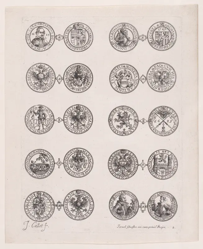 Plate 2, Featuring 10 Coins Issued by European Princes in the 16th and 17th centuries, from "Les Monnaies" (The Currencies) Wall Art by Jacques Callot - High-Resolution Digital Print