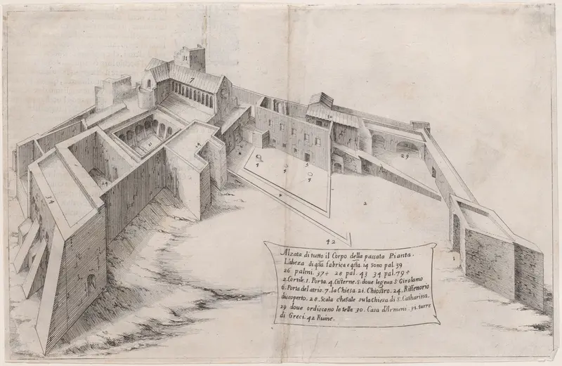 Plate 2, from "Trattato delle Piante & Immagini de Sacri Edifizi di Terra Santa" (Treatise of the Plans & Images of the Sacred Buildings of the Holy Land) Wall Art by Jacques Callot - High-Resolution Digital Print