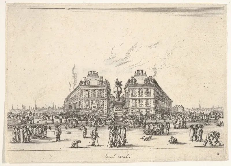 Plate 2: La Place Dauphine, on the coast of Pont Neuf, the equestrian statue of Louis XIII in center, seen from the back and numerous figures, from "Various Figures" (Agréable diversité de figures) Wall Art by Stefano della Bella - High-Resolution Digital Print