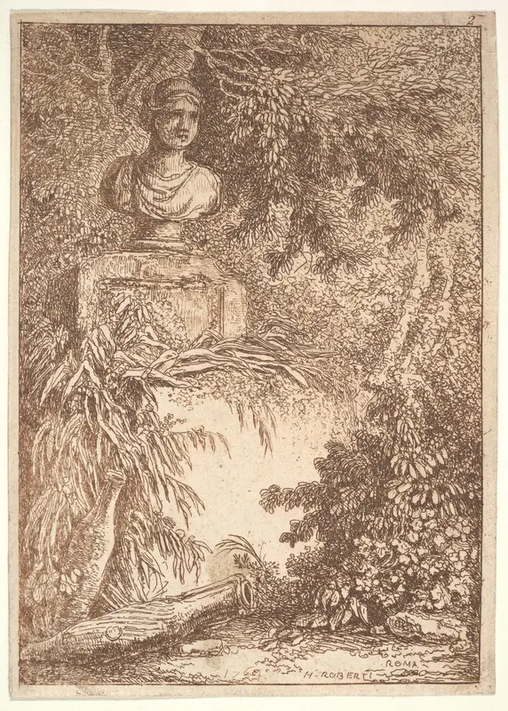 Plate 2: The Bust: a bust of a female wearing a diadem at top left, two amphoras at bottom left, surrounded by trees and greenery, from "Les soirées de Rome" Wall Art by Hubert Robert - High-Resolution Digital Print