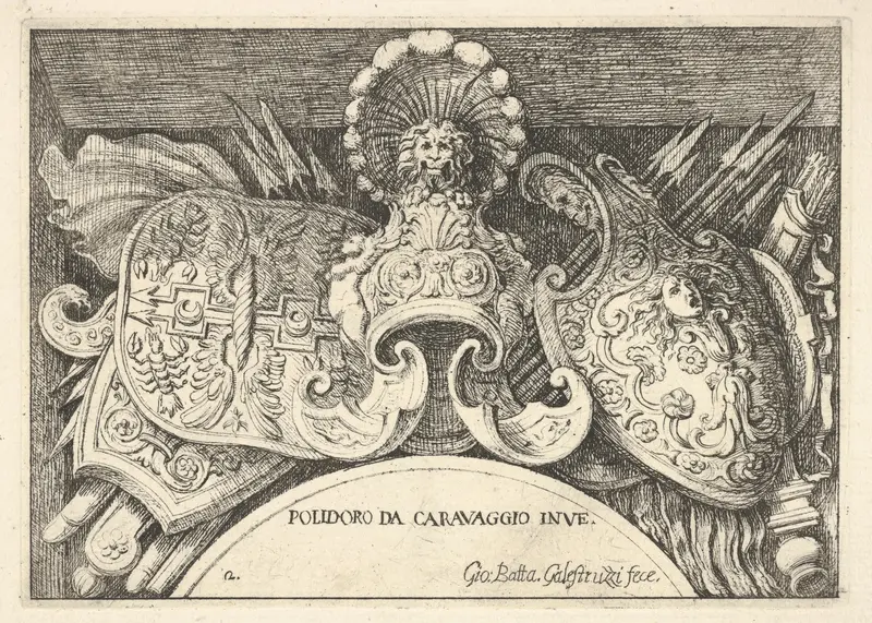 Plate 2: trophies of Roman arms from decorations above the windows on the second floor of the Palazzo Milesi in Rome Wall Art by Giovanni Battista Galestruzzi - High-Resolution Digital Print