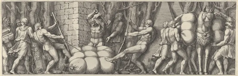 Plate 2: various figures carrying out tasks that include tying a sack and loading a horse Wall Art by Pietro Santi Bartoli - High-Resolution Digital Print