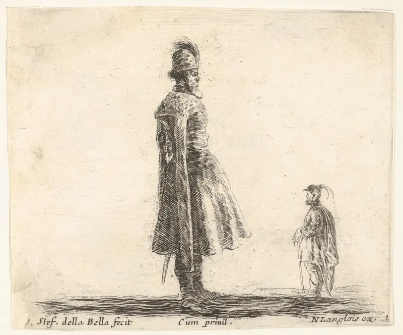 Plate 20: an old Polish nobleman wearing a plumed hat in center, standing in profile facing right, another Polish man to right in background, standing in profile facing left, from "Diversi Capricci" Wall Art by Stefano della Bella - High-Resolution Digital Print