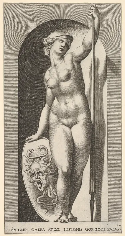 Plate 20: Pallas Athena holding a shield with Medusa's head in her right hand and a lance in her left hand, from "Mythological Gods and Goddesses"