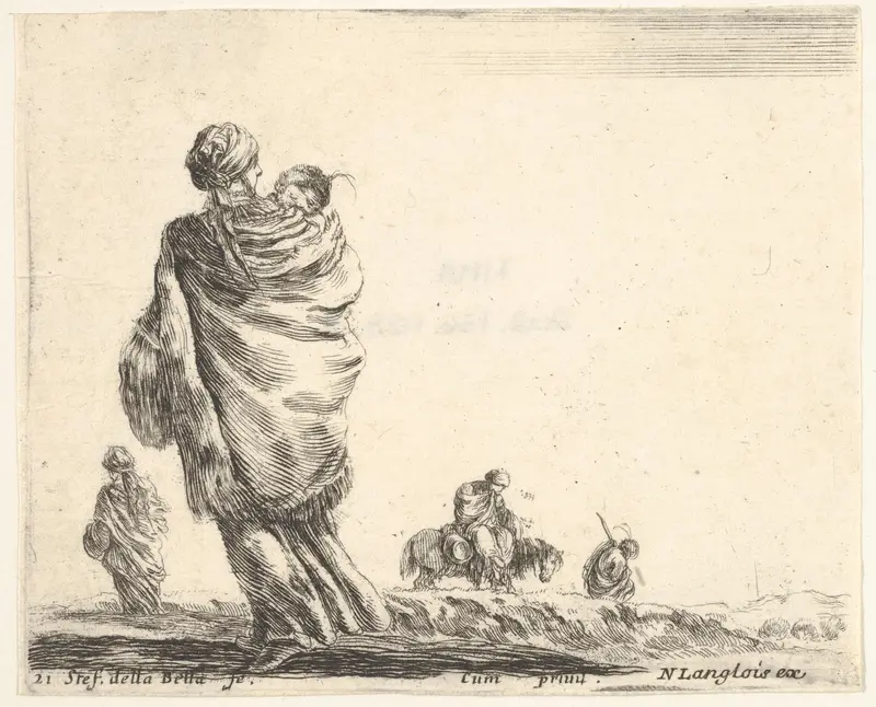 Plate 21: a poor woman to left, seen from behind, enveloping her child in a shawl, another woman seen from behind to left in background, a woman atop a horse and a man to right in background, from "Diversi Capricci" Wall Art by Stefano della Bella - High-Resolution Digital Print