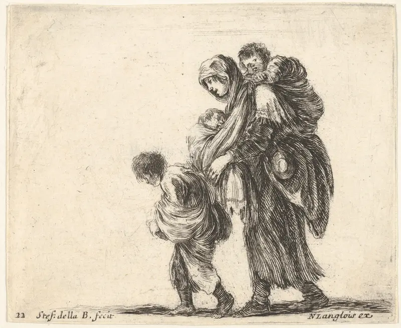 Plate 22: a beggar woman with three children, one child on her shoulders, one child in her arms, and one child who walks in front of her to left, from "Diversi Capricci" Wall Art by Stefano della Bella - High-Resolution Digital Print